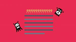 Black and grey lines to denote a paragraph sit on a red background. A row of question marks stand above to show how most students find it difficult to complete IELTS Heading Match Questions. Two small gremlins sit either side of the paragraph to symbolise the difficulty of the task