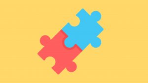 2 red and blue jigsaw puzzle pieces are linked together on a yellow background to signify IELTS Information Match Questions