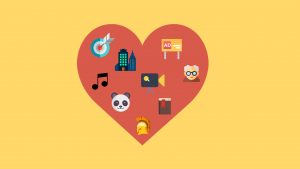 A red heart filled with smaller icons sits on a yellow background. The images inside the heart represent the common topic that students are asked to discuss in IELTS speaking Part 2. In particular, questions that start with the expression "Describe your favourite".