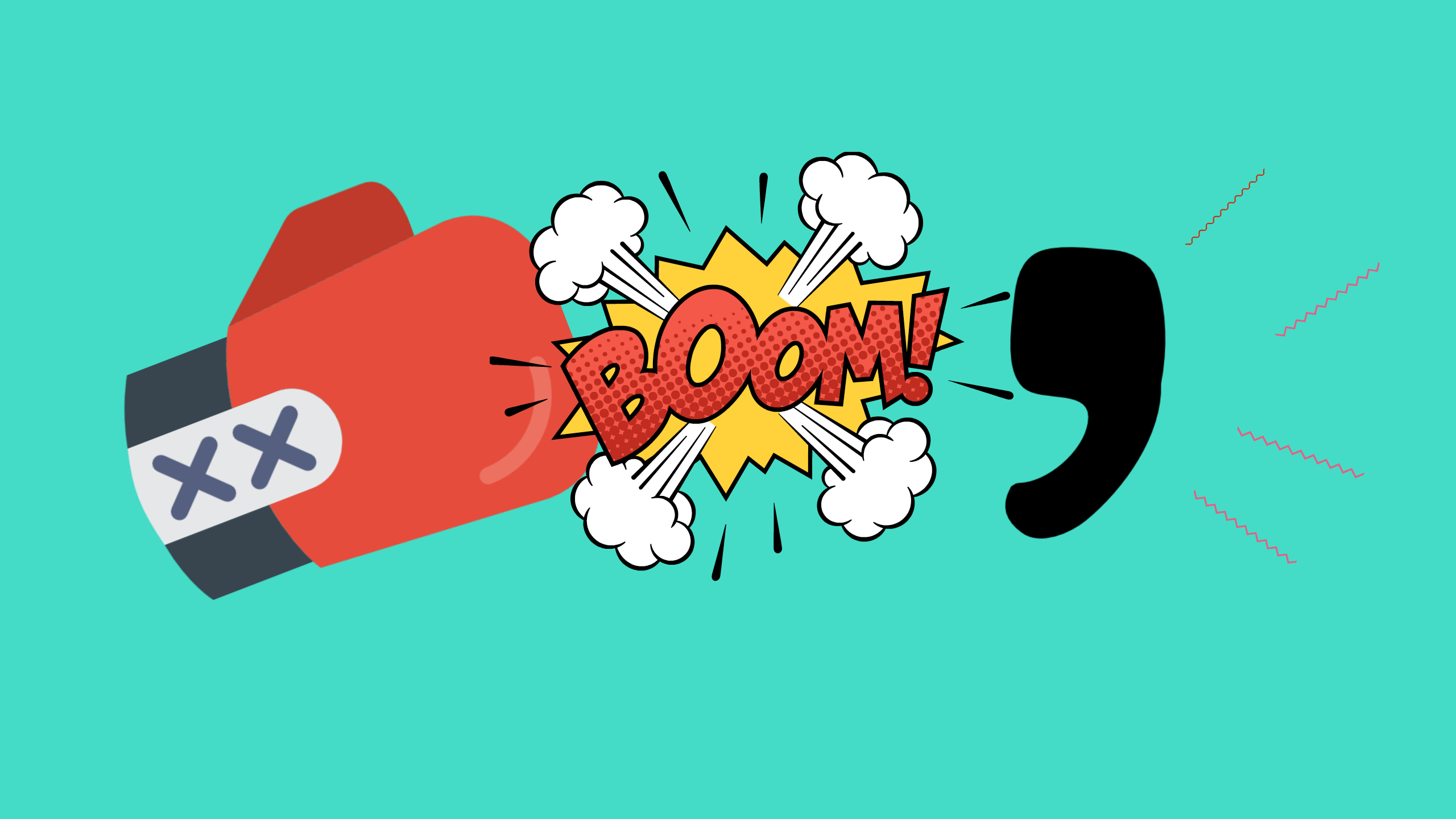 A boxing glove punches a comma to signify the importance of commas in IELTS punctuation