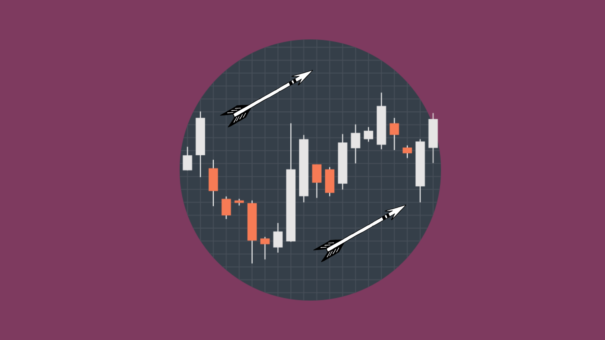 A circular image of a stock market chart sits on a purple background to illustrate that the blog post is about 5 Simple Grammar Tricks to go from 6 to 7 in IELTS writing