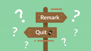 A signpost sits pointing to the words 'remark" or "quit" to signify the decision students have to make when the failed the ielts test