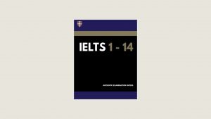 A cartoon version of a Cambridge IELTS books sits on a wide background
