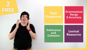 A teacher stands in front of a board that has the words, Task Response, Grammatical Range and Accuracy, Coherence and Cohesion and IELTS Lexical Resource