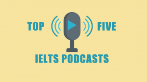 A microphone with a play symbol sits on a yellow background sandwiched with the words top ten to signify that this is a blog about top ten Podcasts for IELTS