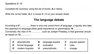 A photograph of a summary completion question where the possible answers are given in the box