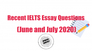 The words Recent IELTS essay questions January 2020 sit in red on a white background with the image of an essay to show that IELTS Essay Questions