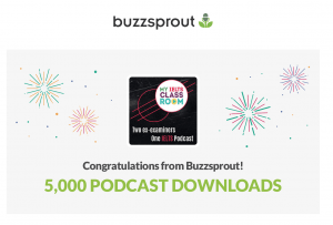 Our podcast cover surrounded by the words Congratulations for 5,000 downloads