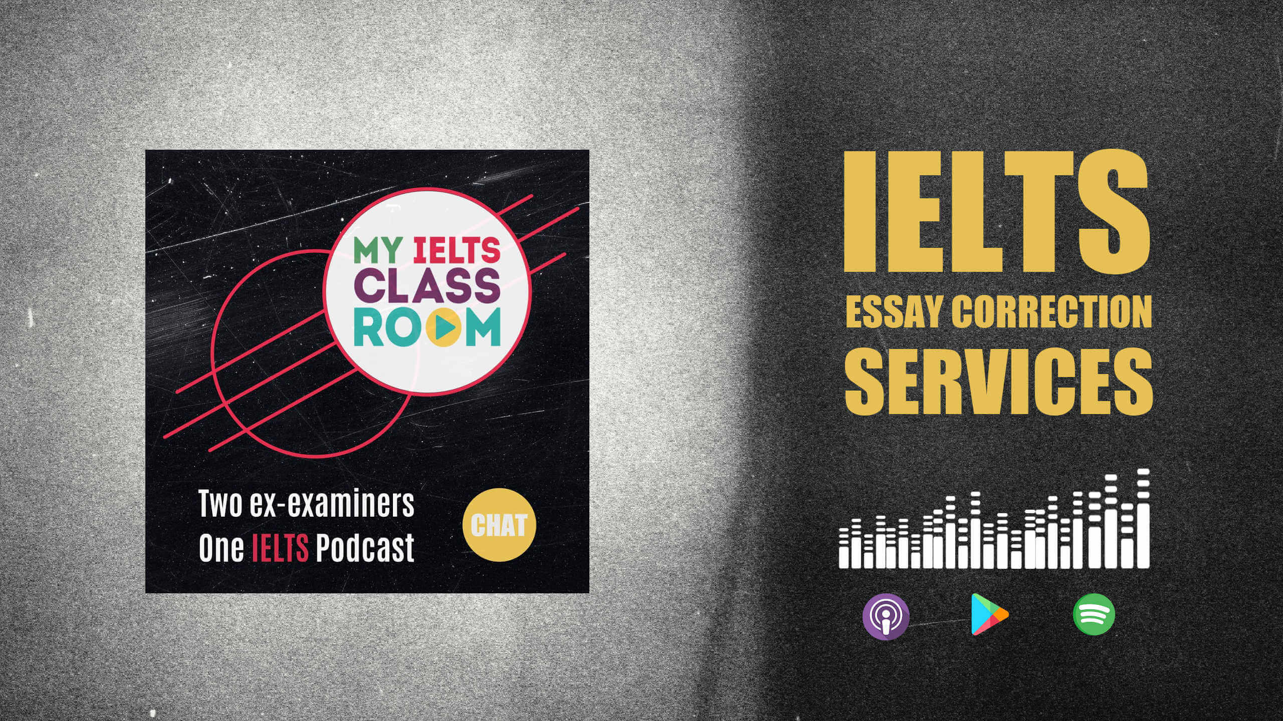A graphic image of a podcast album cover next to the words IELTS Essay correction service