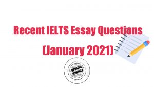 The words 50 recent IELTS essay questions in red sit on a white background