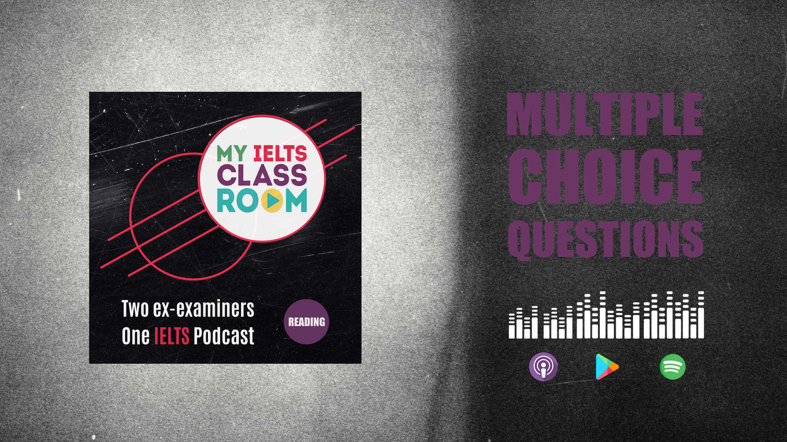 The words IELTS reading multiple choice questions sit next to the My IELTS Classroom podcast logo