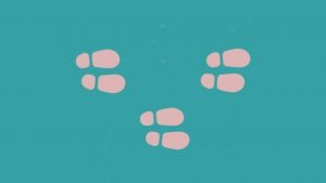 3 sets of pink footsteps sit on a blue background to signify steps to IELTS success