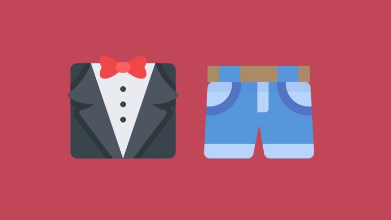 An image of a tuxedo and a pair of jeans sit side-by-side on a red background to symbolise formal and informal letters
