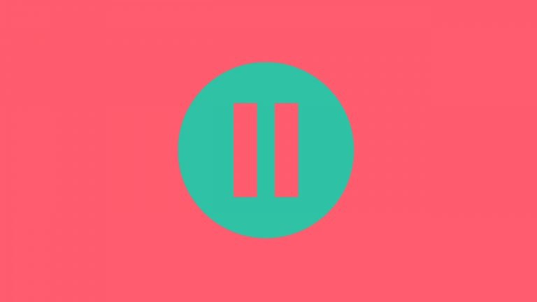 A turquoise pause button sits on a bright pink background to symbolise that in the IELTS speaking exam you should try to paraphrase rather than pause.