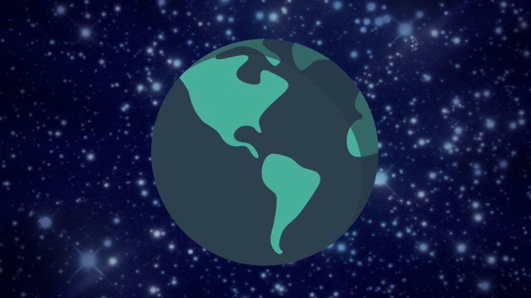 A cartoon of the earth at night sits on a background of stars to represent how it is important to think in general in IELTS Speaking Part 3.