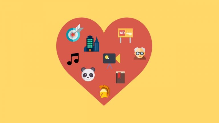 A red heart filled with smaller icons sits on a yellow background. The images inside the heart represent the common topic that students are asked to discuss in IELTS speaking Part 2. In particular, questions that start with the expression 