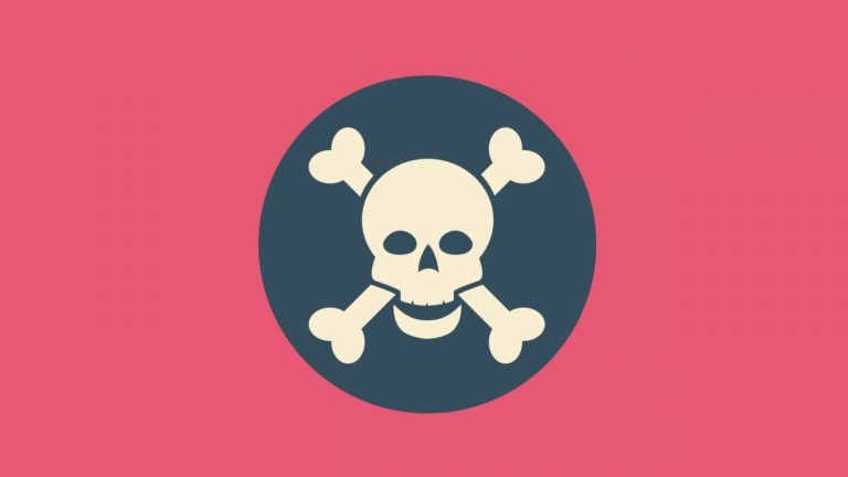 A skull and crossbones inside a dark grey circle sit on a pink background. The images symbolises the dangers of paraphrasing when writing an IELTS essay