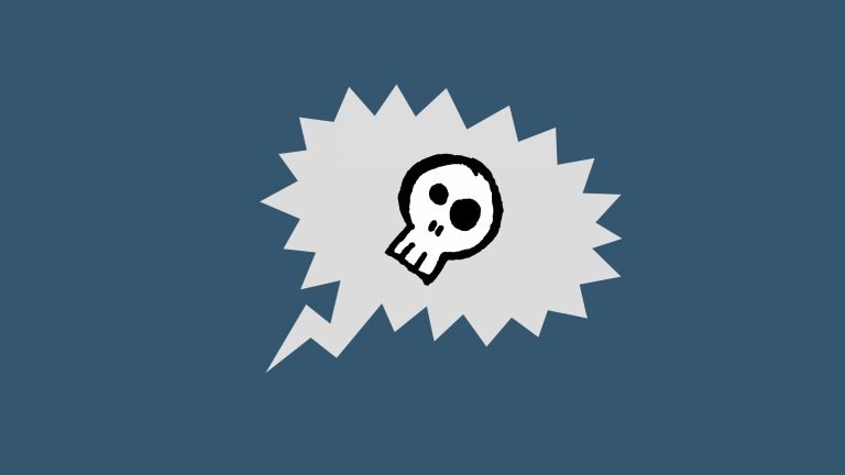 A cartoon skull sits in the middle of an empty speech bubble on a blue background. The illustration represents what it feels like to run our of things to say during IELTS Speaking Part 2.