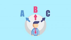 A cartoon image of a man stands under three arrows pointing at the letters A, B and C to represent how students choose answers for IELTS Multiple Choice Questions