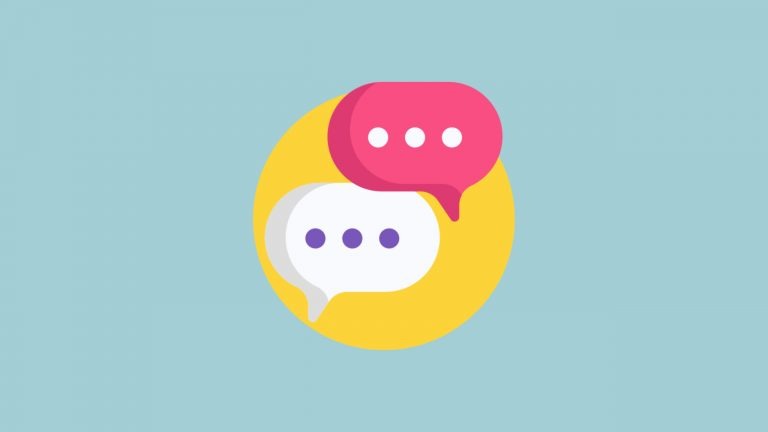 A white speech bubble and pink speech bubble sit in a yellow circle sit on a blue background to symbolise the top 5 IELTS speaking tips
