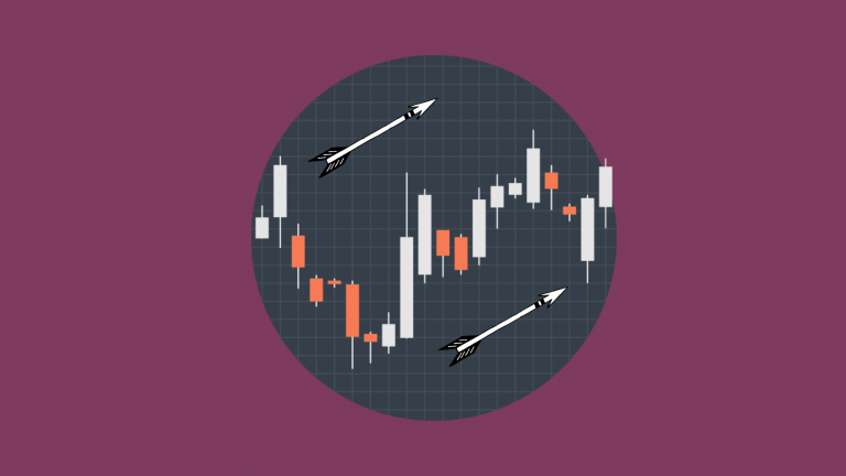A circular image of a stock market chart sits on a purple background to illustrate that the blog post is about 5 Simple Grammar Tricks to go from 6 to 7 in IELTS writing