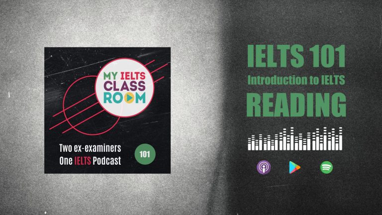 The podcast thumbnail for My IELTS Classroom Podcast sits on the left of the picture, next to the words IELTS 101: An Introduction to IELTS Reading