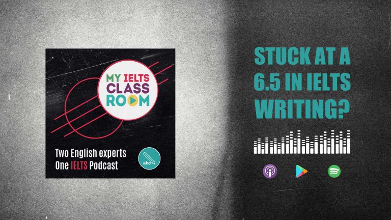 The podcast thumbnail for My IELTS Classroom Podcast sits on the left of the picture, next to the words 