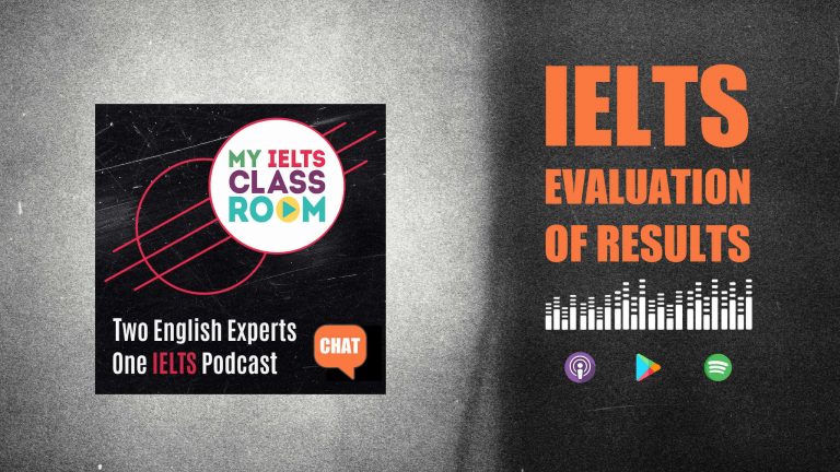 A graphic image of a podcast album cover next to the words IELTS evaluation of results to signify the IELTS EOR