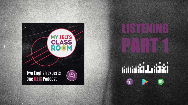 A graphic image of a podcast album cover next to the words IELTS listening part 1