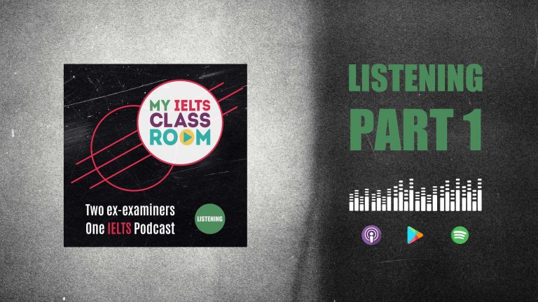 A graphic image of a podcast album cover next to the words IELTS listening part 1