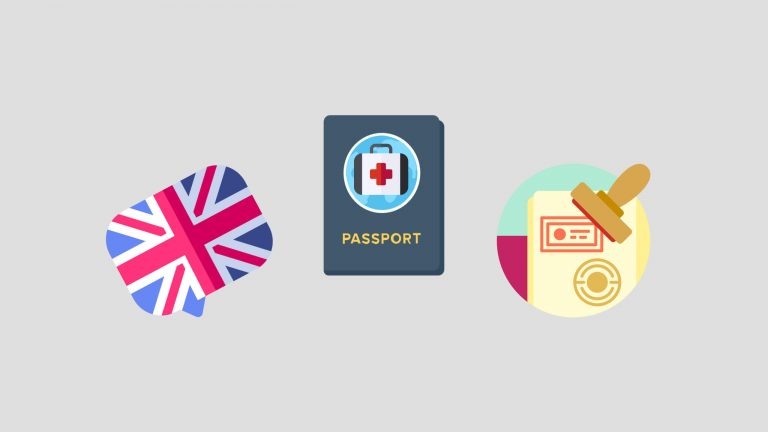An English flag sits next to a passport and a stamp to indicate the arrival of the new UK health and care visa