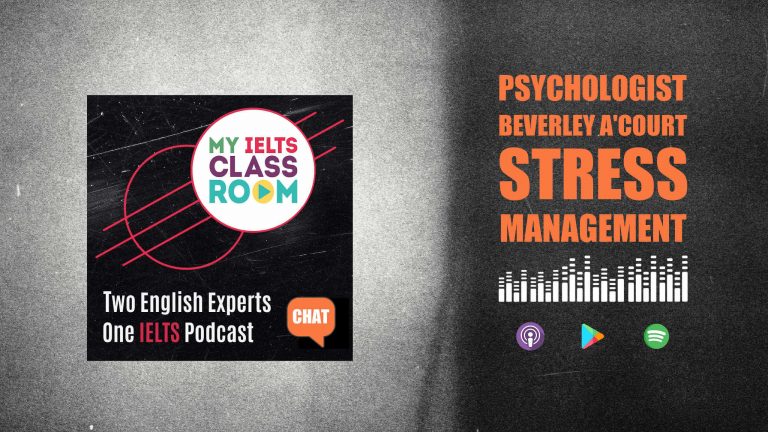 A graphic image of a podcast album cover next to the words Psychologist Beverley A'curt advises on IELTS stress management