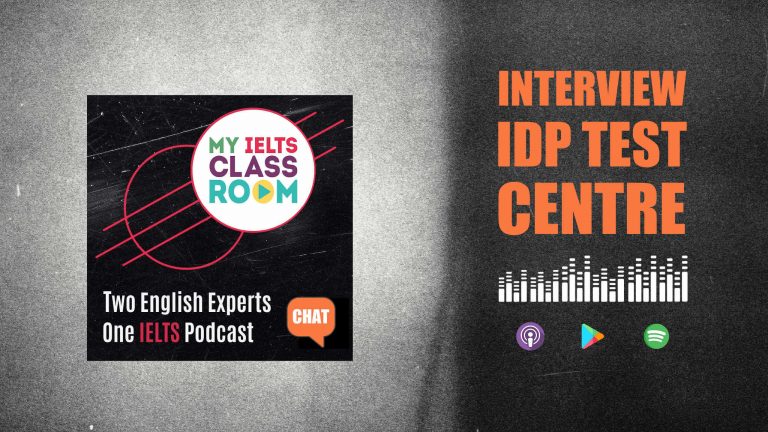 A graphic image of a podcast album cover next to the words Interview with an IELTS IDP Test Centre Administrator